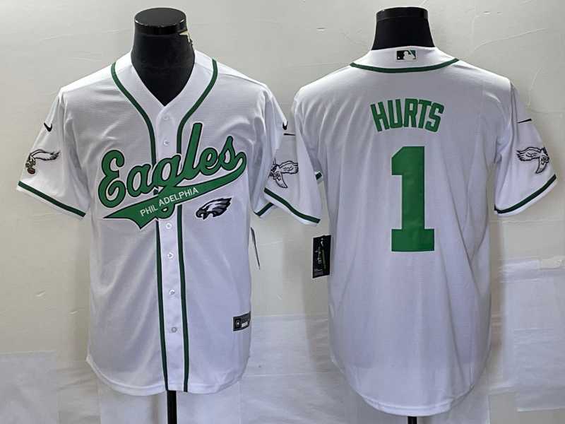 Mens Philadelphia Eagles #1 Jalen Hurts White Cool Base Stitched Baseball Jersey